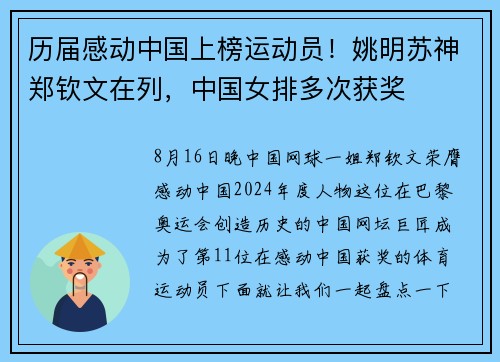 历届感动中国上榜运动员！姚明苏神郑钦文在列，中国女排多次获奖